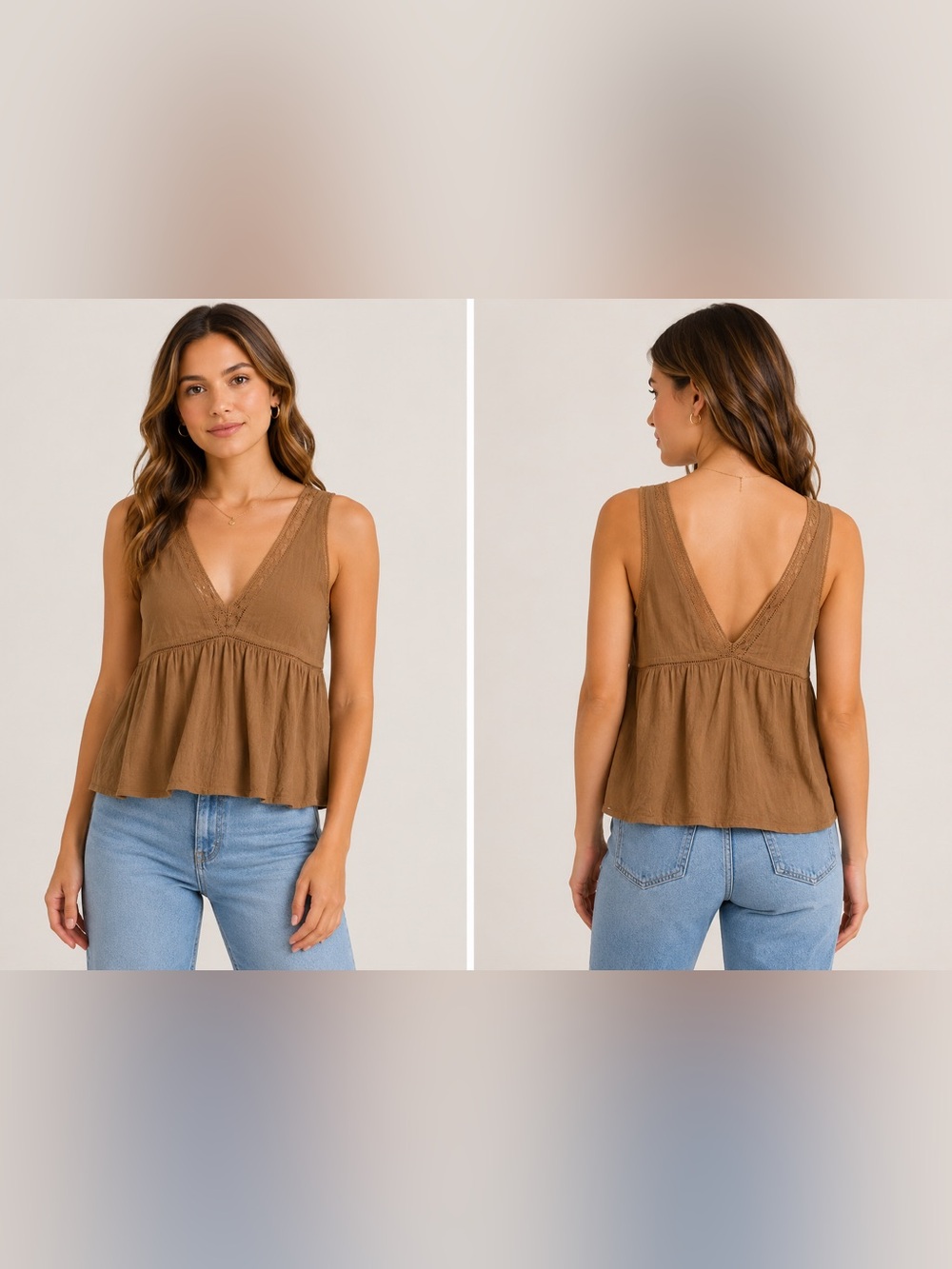 Melrose Place Brown Crochet Trim V-Neck Peplum Top NWT